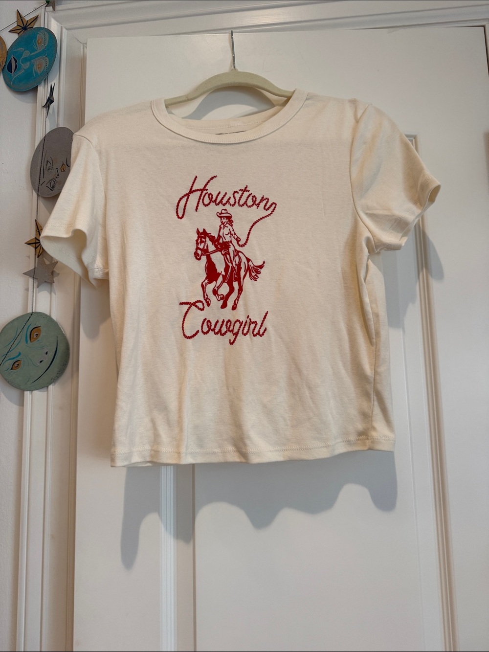 Cream 'Houston Cowgirl' Embroidered Crop Tee